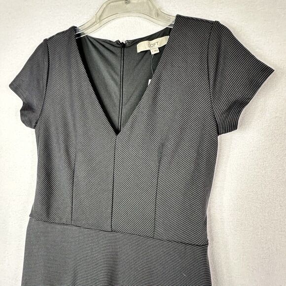 Loft Dress 2 Black Ribbed Fit and Flare Tie Back V Neck Short Sleeve Work NEW - Picture 2 of 10